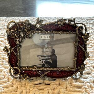 mini floral Butterfly picture frame Jeweled metal & Enamel burgundy romantic 2x3